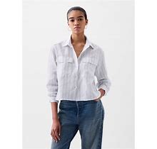 Women's 100% Linen Cropped Shirt By Gap Light Blue & White Stripe Petite Size XS