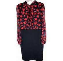 Badgley Mischka Dresses | Badgley Mischka Dress Sz 10 Black Red Floral High Neck Sheath Long Sleeve Flaw | Color: Black/Red | Size: 10