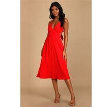 Red Tie-Back Midi Dress With Pockets | Womens | Large (Available In M) | Lulus