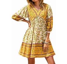 Jbeelate Summer Dresses For Women Casual Long Sleeve Bohemian Dress Ruffle Floral Flowy Boho Babydoll Mini Short Beach Dress