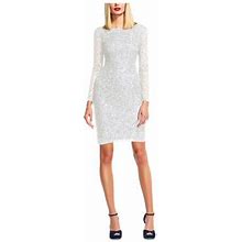 Adrianna Papell Womens Ivory Stretch Sequined Zippered Lined Long Sleeve Boat Neck Above The Knee Evening Sheath Dress 12