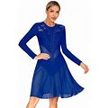 Iefiel Womens Floral Lace Figure Ice Skating Dancewear Lace Patchwork Lyrical Modern Contemporary Dance Dress A Blue XXL
