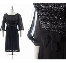 Vintage 1960S Party Dress | 60S Black Sequin Silk Chiffon Balloon Sleeve Sheath LBD Little Black Formal Cocktail Dress (Medium)