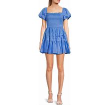 B. Darlin Puff Short Sleeve Square Neck Smocked Skater Skirt Dress, Womens, Juniors, 1, Cornflower
