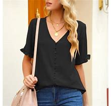 Smileq 2022 New Summer Women's Clothing Womens Tops Fashion Women Casual V-Neck Tops Ruffle Short Sleeve Solid Blouses Button Down T-Shirts Black XL