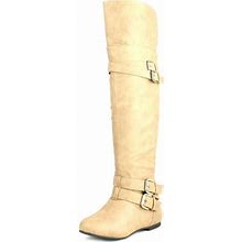 Top Moda Womens Night-79 Over The Knee Round Toe Buckle Riding Flat Boots, Taupe, 5.5