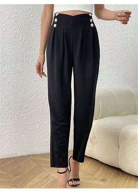 Summer Button Detail Pleated Straight Pants Black High-Waisted Little Leg Pants Office Wear Clothing,M