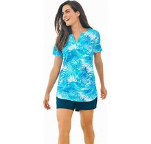 Plus Size Women's Split-Neck Short Sleeve Swim Tee With Built-In Bra By Swim 365 in Blue Multi Leaves (Size 18)