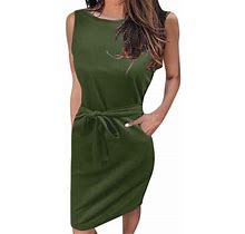 Huaai Women's Plus Size Summer Dresses Solid Color Round Neck Sleeveless Print Dress Lace Up Tie Dress Pocket Army Green M