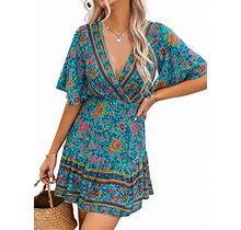 CUPSHE Women Summer A Line Flare Floral Dress V Neck Short Sleeve Mini Casual Beach Boho Dress Blue