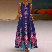Boho Womens Long Maxi Dress Ladies Pockets V Neck Floral Printed Beach