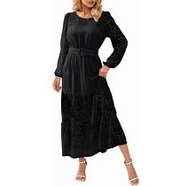 Zizocwa Women's Lace Maxi Tiered Dress 2023 Fall Long Sleeve O Neck Wedding Evening Party Pleated Dresses With Belt Black Sizexl