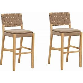 Cohen 29 in. Natural Brown Wood Mid-Century Faux Leather Counter Height Bar Stool, With Woven Back For Kitchen, Set Of 2