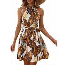 SOLY HUX Women's 2023 Tropical Floral Print Summer Dresses Halter Sleeveless A Line Belted Short Mini Dress