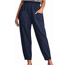 Loopsun Women's Pants, Cotton And Linen Solid Fashion Casual Elastic Waist Wide Leg Cropped Pants With Pocket Blue