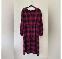Knox Rose Dresses | Knox Rose Women's Xl Red Plaid A-Line Button-Up Dress V-Neck Long Sleeve | Color: Black/Red | Size: Xl