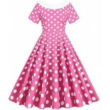Wtxue Dresses For Women 2024, Women Casual Polka Dot Short Sleeve Housewife Evening Party Prom Dress Women's Dresses, Petite Dresses For Women, Pink D