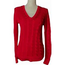 Lauren Ralph Lauren Women's Cable Knit Sweater Size M In Red V-Neck Long Sleeve