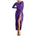 Sexy Dresses For Women Date Night Sequin Dresses For Women Round Neck High Waist Bandage Solid Color Casual Split Dress Purple XS