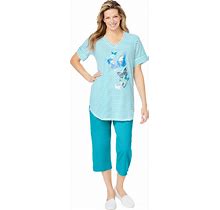 Plus Size Women's Two-Piece V-Neck Tunic & Capri Set By Woman Within In Pretty Turquoise Stripe Butterfly (Size S)