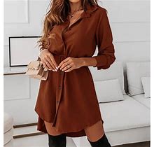 Wirdiell Maxi Dresses For Women,Wedding Guest Dresses Casual Lapel Solid Color Single-Breasted Long Sleeve Belt Dress Party Dress Khaki L