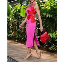 Chicme Hot Pink Colorblock Floral Pattern Side Slit Midi Dress Medium