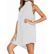 Don't Miss! Gomind Summer Dresses For Women 2024 Women's Sexy Summer Solid Color Round Neck Pleated Sleeveless Dress White M