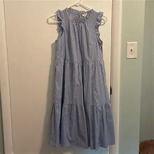 J. Crew Dresses | J Crew Summer Pinstripe Dress Ruffles 0 Petite Mid Length | Color: Blue/White | Size: 0P