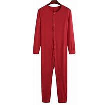 Frontwalk Men Plain Crew Neck Union Suit Underwear Slim Fit One Piece Pajama Mens Solid Color Home Sleepwear Red L