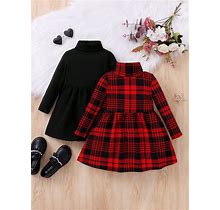 Little Girls' Plaid Turtleneck Dress And Solid Black Stand Collar Dress 2Pcs Outfits,6Y