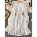 Women Plain Stand Collar Long Sleeve Comfy Casual Lace Midi Dress White/L