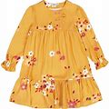 Deux Par | Floral Print Peasant Frilled Dress, (Yellow Ochre, Size 10Y) | Maisonette