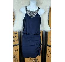 Jodi Kristopher Navy Blue With Beads And Sequins Fitted Dress Size