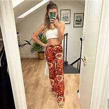 Zara Pants & Jumpsuits | Zara Orange Floral High Waisted Pants Nwt | Color: Orange/Red | Size: Xs