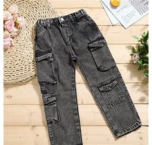 Retro Cargo Jeans For Girls, Elastic Waist Multi Pockets Casual Straight Trousers, Pants,Black,Must-Have,Temu