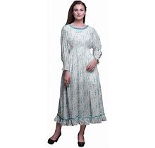 Bimba Tie-Dye Women Long Sleeve Smocked Dress Round Neck Ruffle Summer Maxi-Large