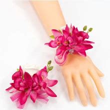 Abbie Home Prom Corsage Boutonniere Set Fuchsia Orchid Rose Lily Pin Wrist Hand Dress Suit Flower For Wedding Party (Fuchsia)