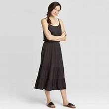 Black Strappy Sleeveless Scoopneck Midi Dress Tiered Ruffle Skirt Knox