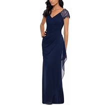 Xscape Petite Lace-Shoulder Gown - Navy Blue - Size 8P