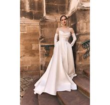 A-Line Elegant Wedding Dress, Modern Satin Bridal Gown With Long Train, Luxury Wedding Dress With Detachable Long Sleeves And Long Train