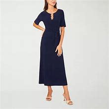 MSK Short Sleeve Midi Fit + Flare Dress | Blue | Womens Medium | Dresses Fit + Flare Dresses