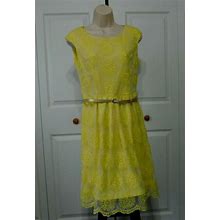Luxology Women's Yellow Embroidered Mesh Overlay Lined Dress Metallic
