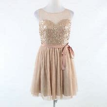 Peach Gold June & Ivy Sequin Sheer Overlay Sleeveless A-Line Dress S