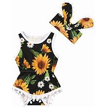 ITFABS Baby Girl Sunflower Long Sleeve Tassel Romper Bodysuit Clothes+Headband (Sunflower 1, 6-12 Months)