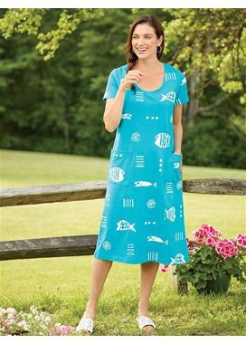 Women's M.MAC Rock Fish Cotton Knit Midi Dress With Pockets - Blue Aqua - Medium - The Vermont Country Store