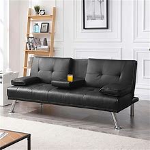 Luxurygoods Modern Faux Leather Futon With Cupholders And Pillows Black Crowdfused ,