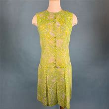 1960S Vintage Green FLORAL Drop WAIST Pleated Sleeveless Dress Sz Med