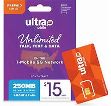 $15/Mo. Ultra Mobile Prepaid Phone Plan With Unlimited International Talk, Text And 250MB Of 5G 4G LTE Data (SIM Card Kit)