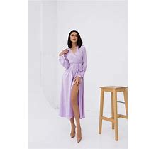 Lilac Wrap Dress Waist, Lilac Silk Midi Dress, Cocktail Dress For Special Occasions, Prom Dress, Belted Dress, V Neck Long Sleeves Dress
