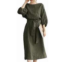 Niuer Women Dress 3/4 Sleeve Midi Tie Waist Boho Dresses Flowy Cotton Linen Armygreen M